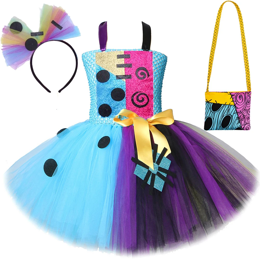 Nightmare Before Christmas Sally Costume for Girls Halloween Scary Tutu Dress for Kids Creepy Carnival Party Outfit with Hairbow