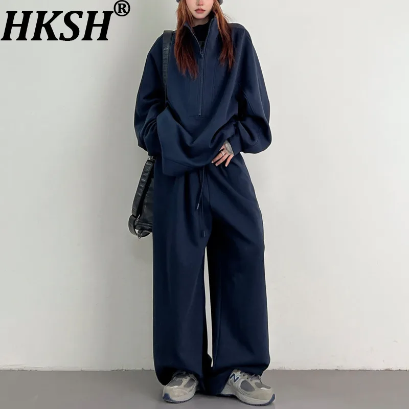 

HKSH осень-зима, новая женская толстовка с воротником-стойкой и полумолнией, американский спортивный топ, широкие брюки с завязками, повседневный комплект HK13899
