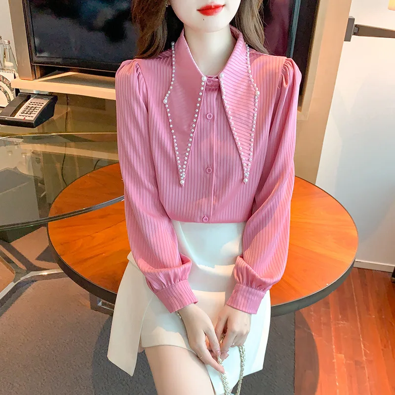 #2552 White Pink Long Sleeve Shirts Women France Style Ladies Tops And Blouses Pearls Vertrical Striped Shirts Female Autumn