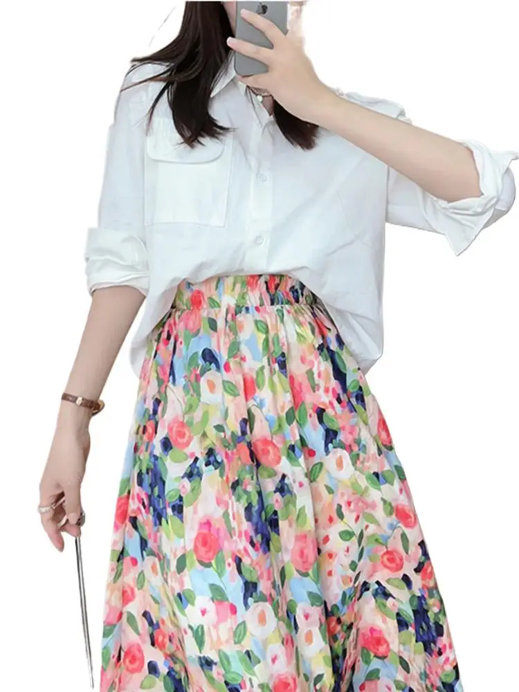 Cotton Floral Skirt Women 2023 Spring Summer Autumn Long printed Skirt High Waist Grace Fashion Puff Skirts Elegant Mujer 5XL