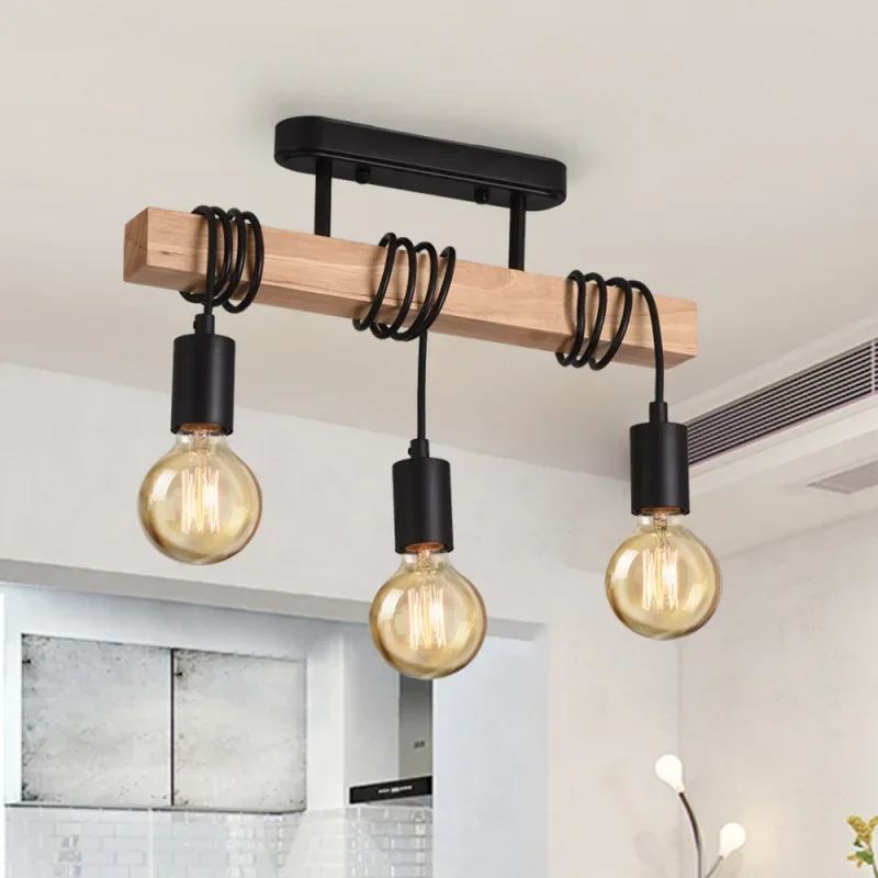 American Retro Wood Art Winding Suction Hanging Dual-use Lamps Living Room Dining Room Bedroom Chandelier Ceiling Light