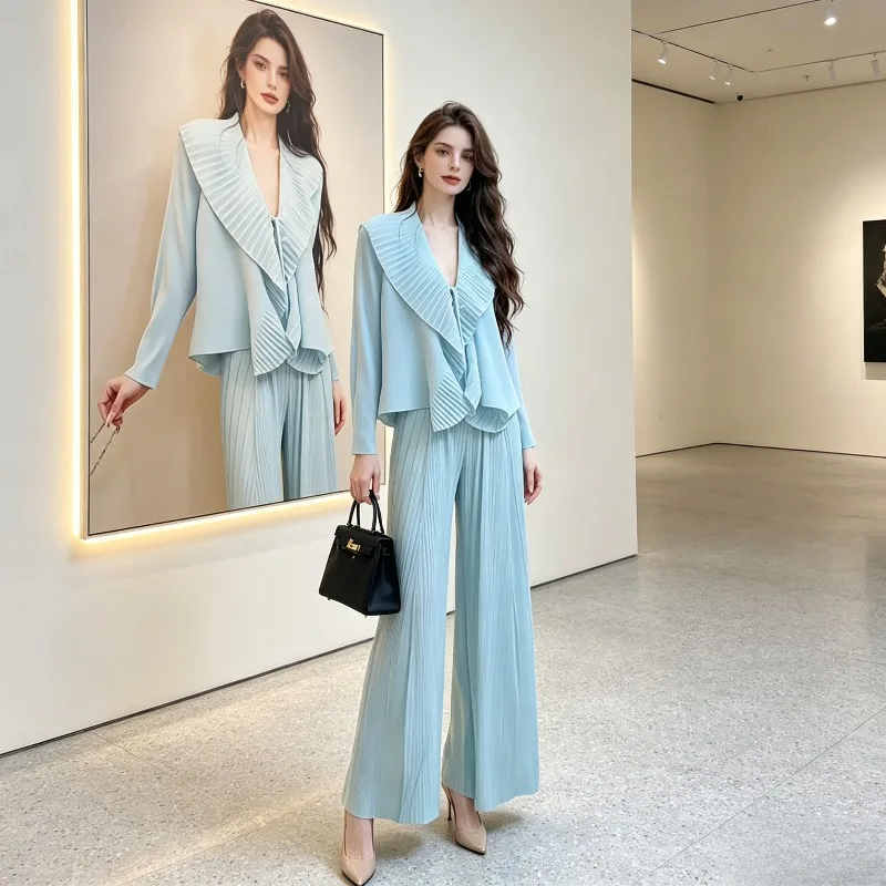 

Miyake Pleated Fashion Mature Style Korean Suit for Women Solid Color Cardigan Versatile Wide-Leg Pants Pleated Simple Style