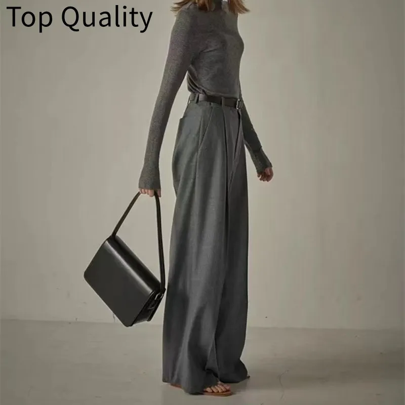 2024 Women\'s Spring Grey Wide Leg Pants Women\'s Spring and Autumn High Waist Suit Pants Loose Version Floor Pants