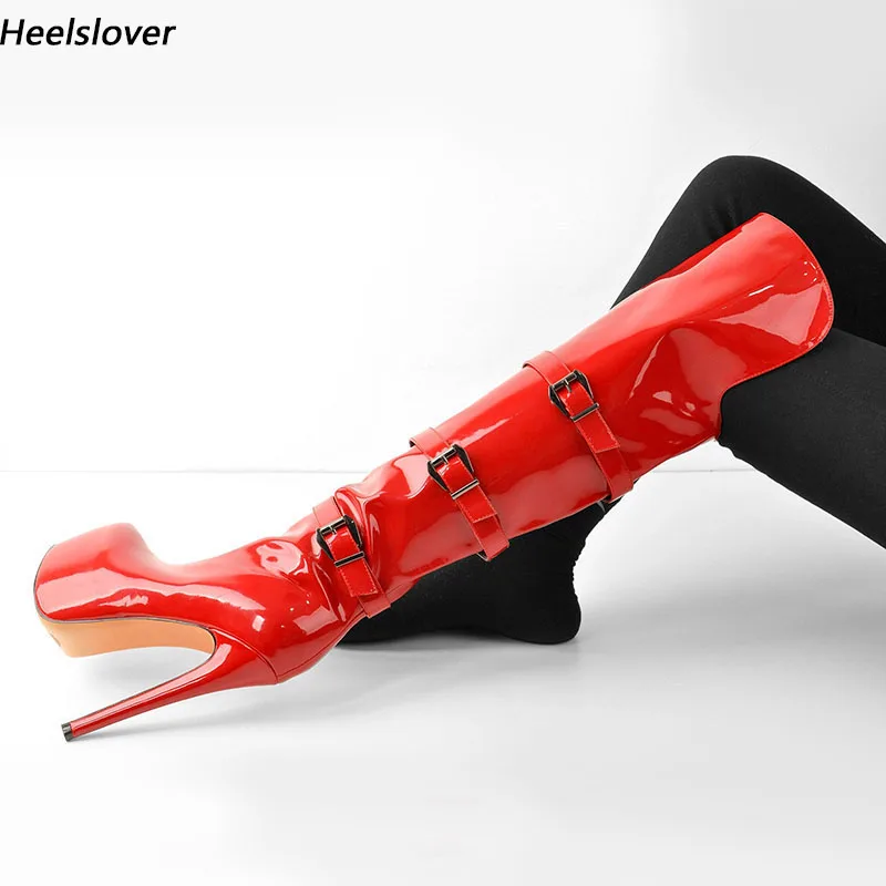 

Женские лакированные сапоги выше колена, красные сапоги ручной работы на шпильке с молнией сбоку и круглым носком, вечерняя Обувь, американские размеры 5-20, для зимы