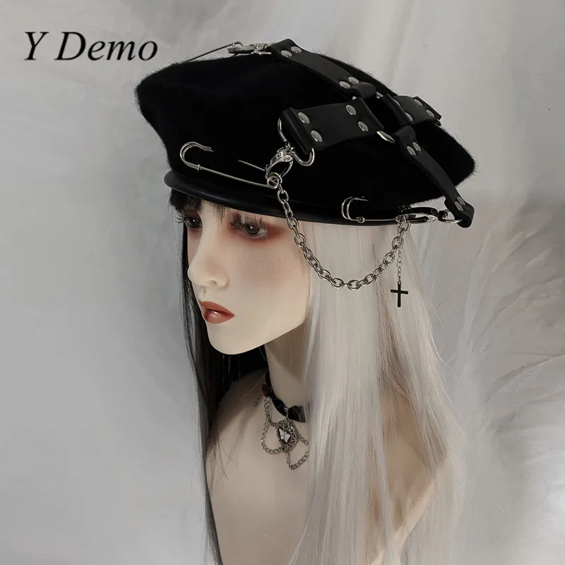 Y Demo Gothic Handmade Pu Cross Buckles Movable Pins Women\'s Beret Punk Hat Grunge