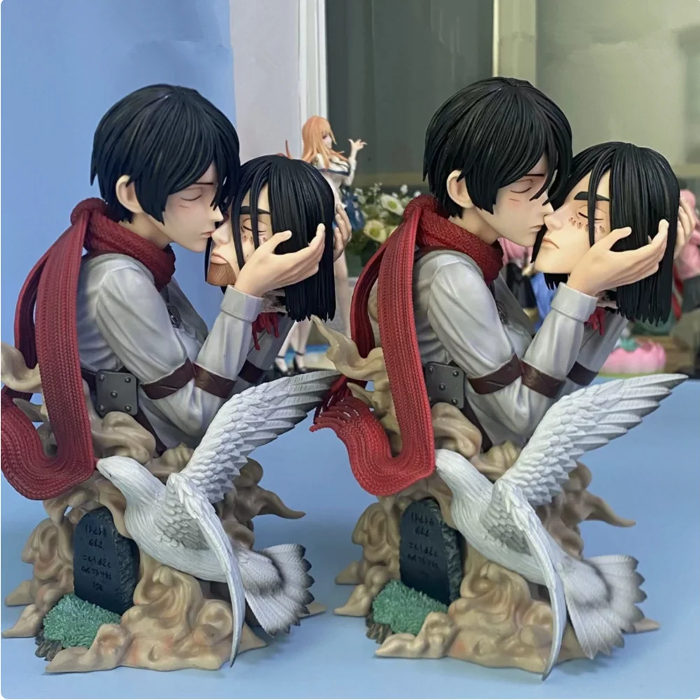 

22cm Attack On Titan Figures Bye Eren Action Figure Kiss of Death Mikasa Holding The Head PVC figures