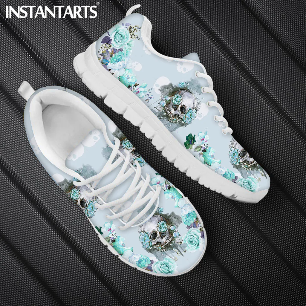 INSTANTARTS Spring Leisure Sneakers for Ladies Sugar Skull Pattern Gothic Flats Lace Up Shoes Comfort Air Mesh Footwear Zapatos