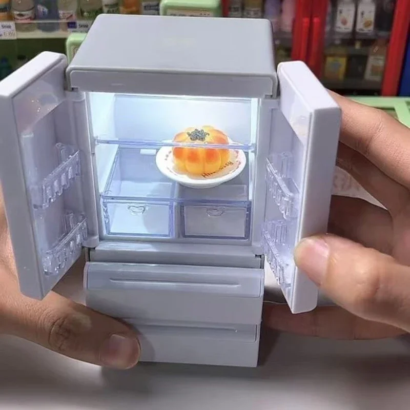 1:12 Scale Mini Double-Door Refrigerator Dollhouse Light-Up Refrigerator Miniature Model Food Play Scene Decoration Home Decor