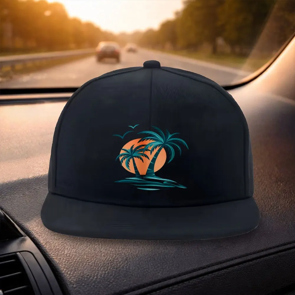 

Unisex Classic Flat Brim Baseball Cap Fashionable Beach Palm Tree Sunset Design Black Casual Hat Suitable for Outdoor Activit