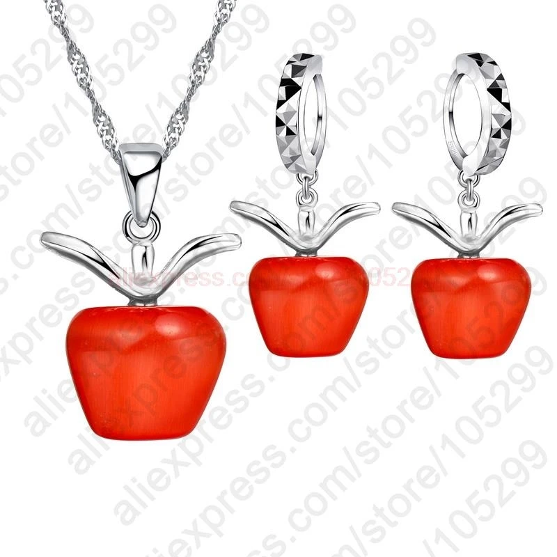 5 Colors Options!! New Hot Shiny 925 Sterling Silver Color With Lovely Apple Cat Eyes Stone Pendant Necklace/Earring Jewelry Set