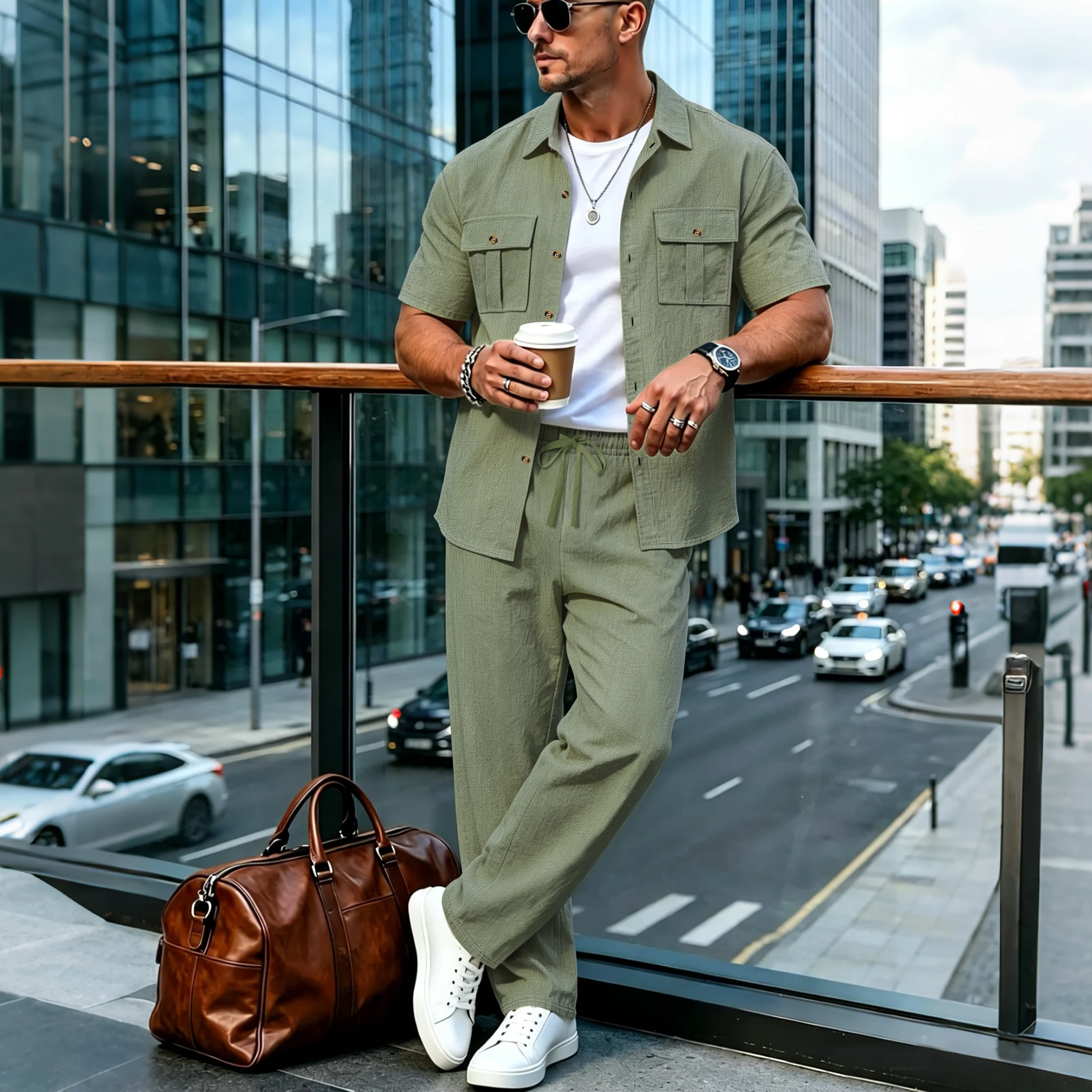 2026 Herren Casual Leinen Strukturiertes Kurzarm-Hemd & Hose 2-teiliges Set Streetwear-Outfit