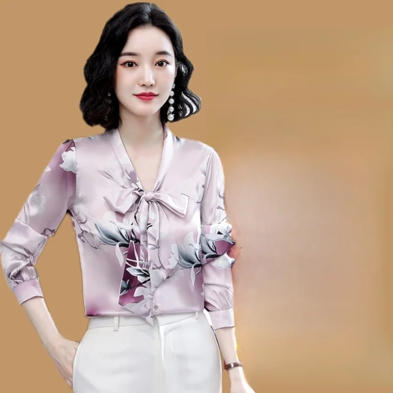 Silk irt Women's Premium Brand Outlet Spring Summer Autumn Long Sve  Knot Slim Fit Regular Length Floral Pattern