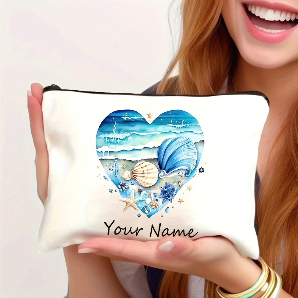 

Custom Name Text Vintage Ink Wash Ocean Seashell Summer Pattern Cosmetic Bag Handbag Toiletry Bag Pencil Case Gift Bag