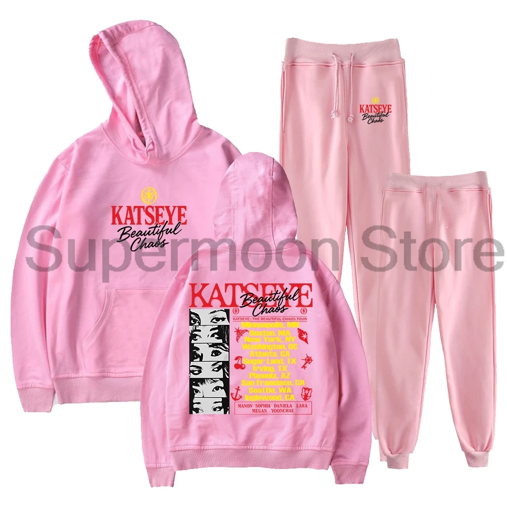 Kpop Katseye The Beautiful Chaos Tour Merch Membros com capuz Jogger Calças Conjuntos de duas peças Moletons + Calças de moletom Conjunto masculino fe