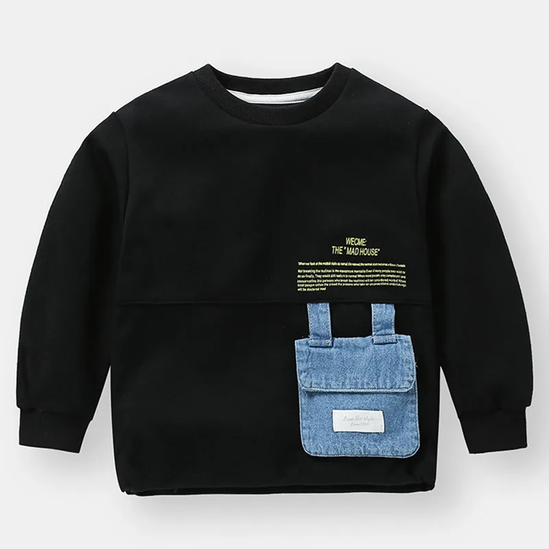 2023 Spring Autumn Fashion 2 3 4 5 6 7 8 10 Years Children Black Gray Denim Pocket Color Patchwork Sweatshirt For Kids Baby Boy