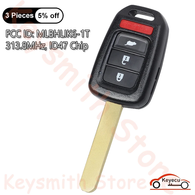 KEYECU 4 butttons Remote Car Key 313.8MHz For Honda CR-V HR-V 2015 2016 2017 with PCF7961 HITAG 3 chip MLBHLIK6-1T SUV buttons