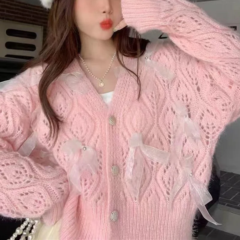 2024 New Gentle Hollow-Out Long-Sleeved Sweater Women'S Plush Tassel Design V-Neck Loose Wholesale