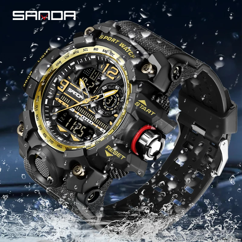 SANDA G Style Men\'s Military Outdoors Sports Watch LED Digital Quartz Dual Display Watch Proof Waterproof Luminous Men\'s Watch