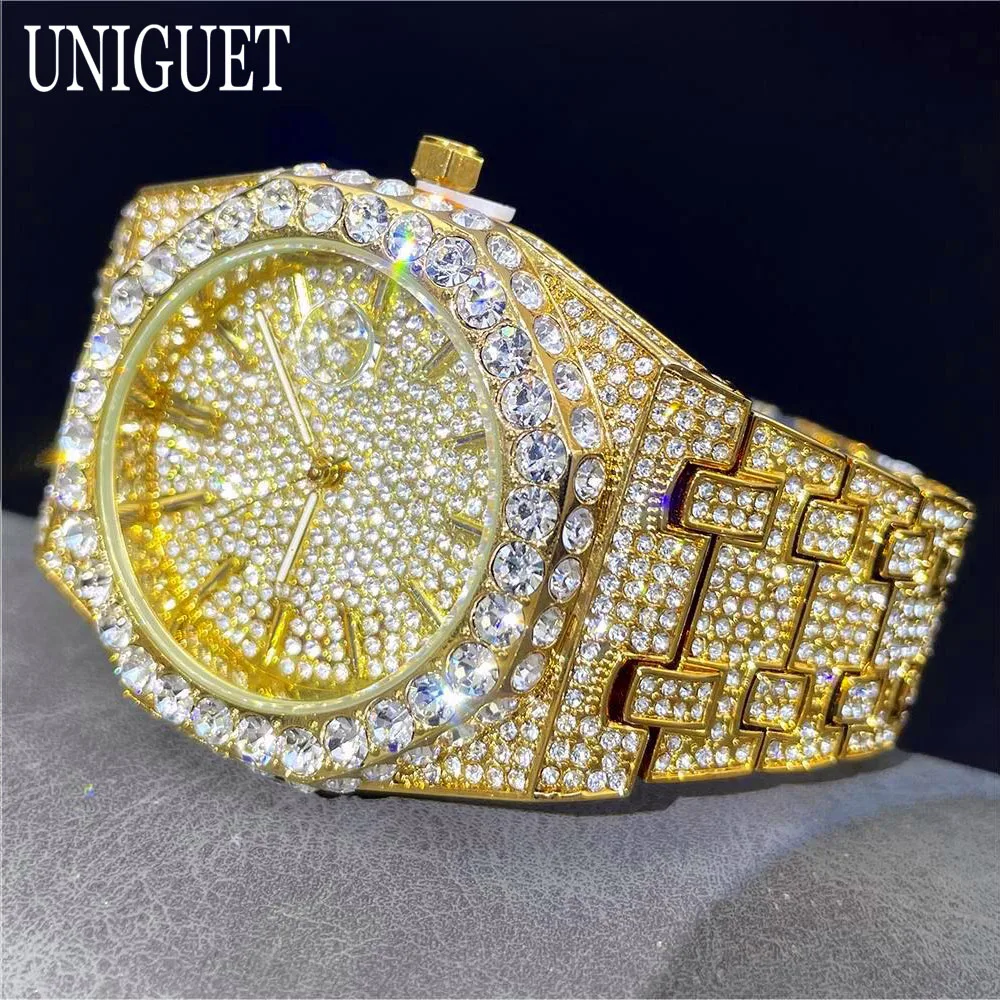 2024 UNIGUET Gold Iced Watch For Men Fashion Waterproof Quartz Watches Man Hip Hop Diamond Jewelry Wristwatch Reloj Dropshipping