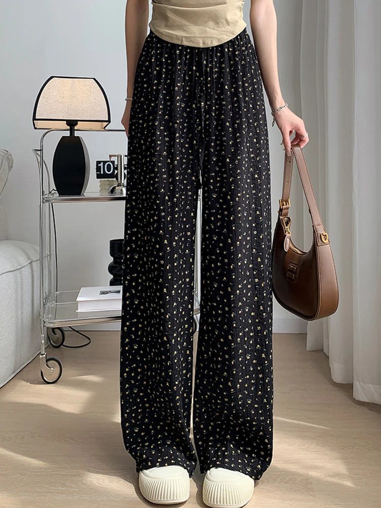 Chicly Floral Printed Sweet Casual Vintage Women Pants Summer Fashion Contrast Color Loose Simple Straight Female Wide Leg Pants