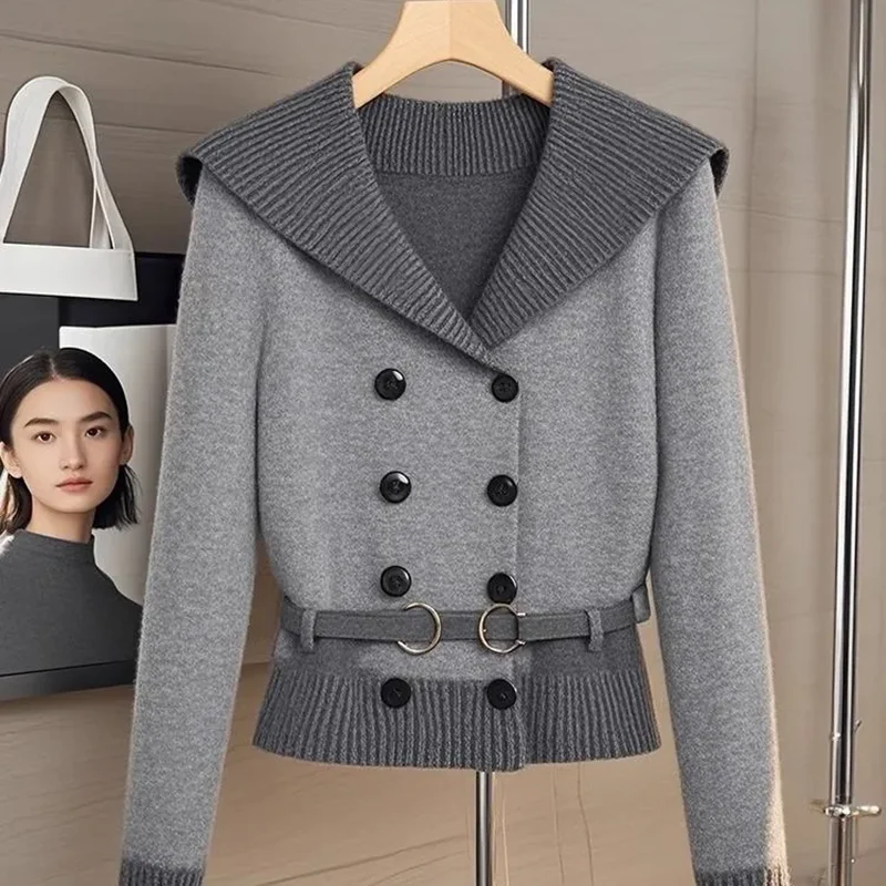 Autumn  Winter Knitwear Cardigan Sweater Women\'s Outer Wear 2025 New Lapel Loose Double-breasted Slimming Chic Sweater Coat Top