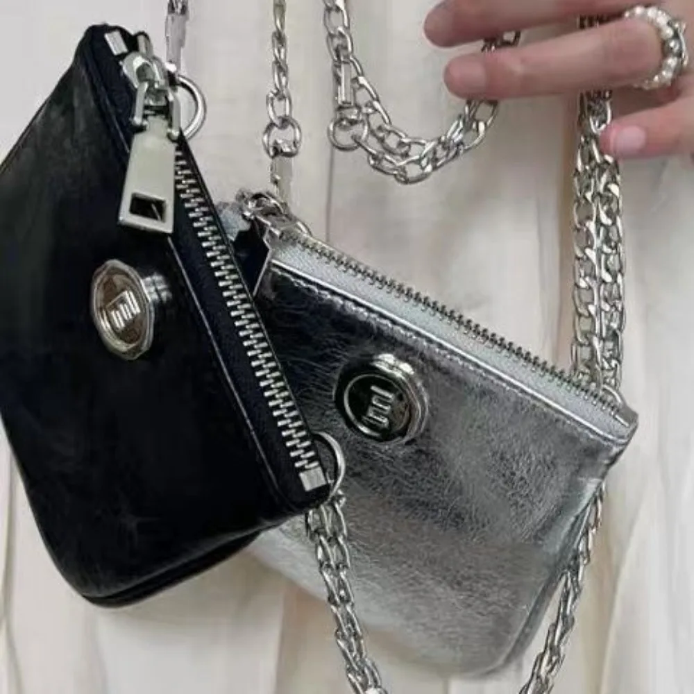 Korean Ins Fashion Mini Shoulder Bags PU Black Silver Zipper Crossbody Bag for Women Lipstick ID Credit Card Money Storage Bags