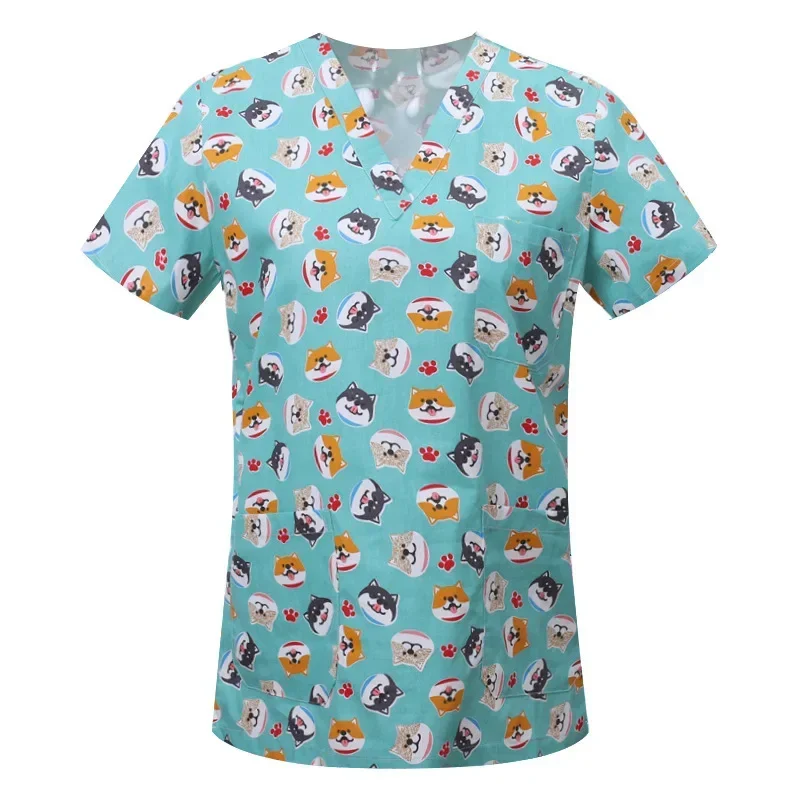 Pet Clinic Vet Work Uniforms Women Nurse Accessories Animal Printed Hospital Doctor Nursing T-Shirt Medical Scrubs Clothes Tops