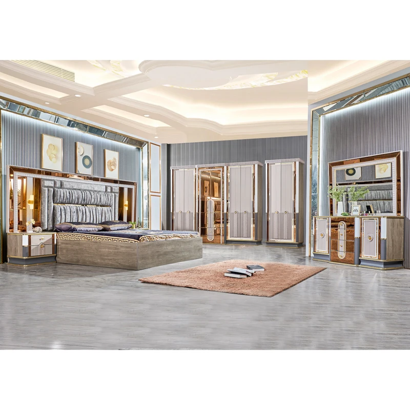 

Deluxe Solid Wood Double Leather Soft Bed Storage Full Set Modern MDF Bedroom Furniture King Bed