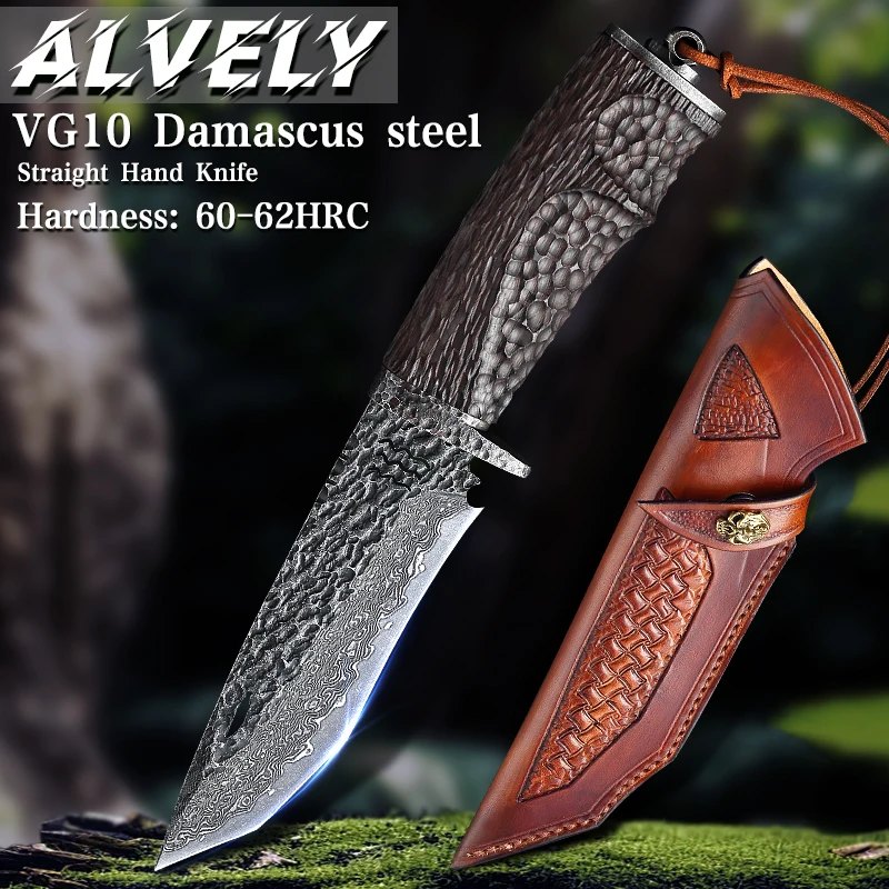

Damascus Steel Fixed Blade Hunting Knife, Men's EDC Fixed Blade Knife, Outdoor Expedition Knife, Survival Hunting Camping Knife