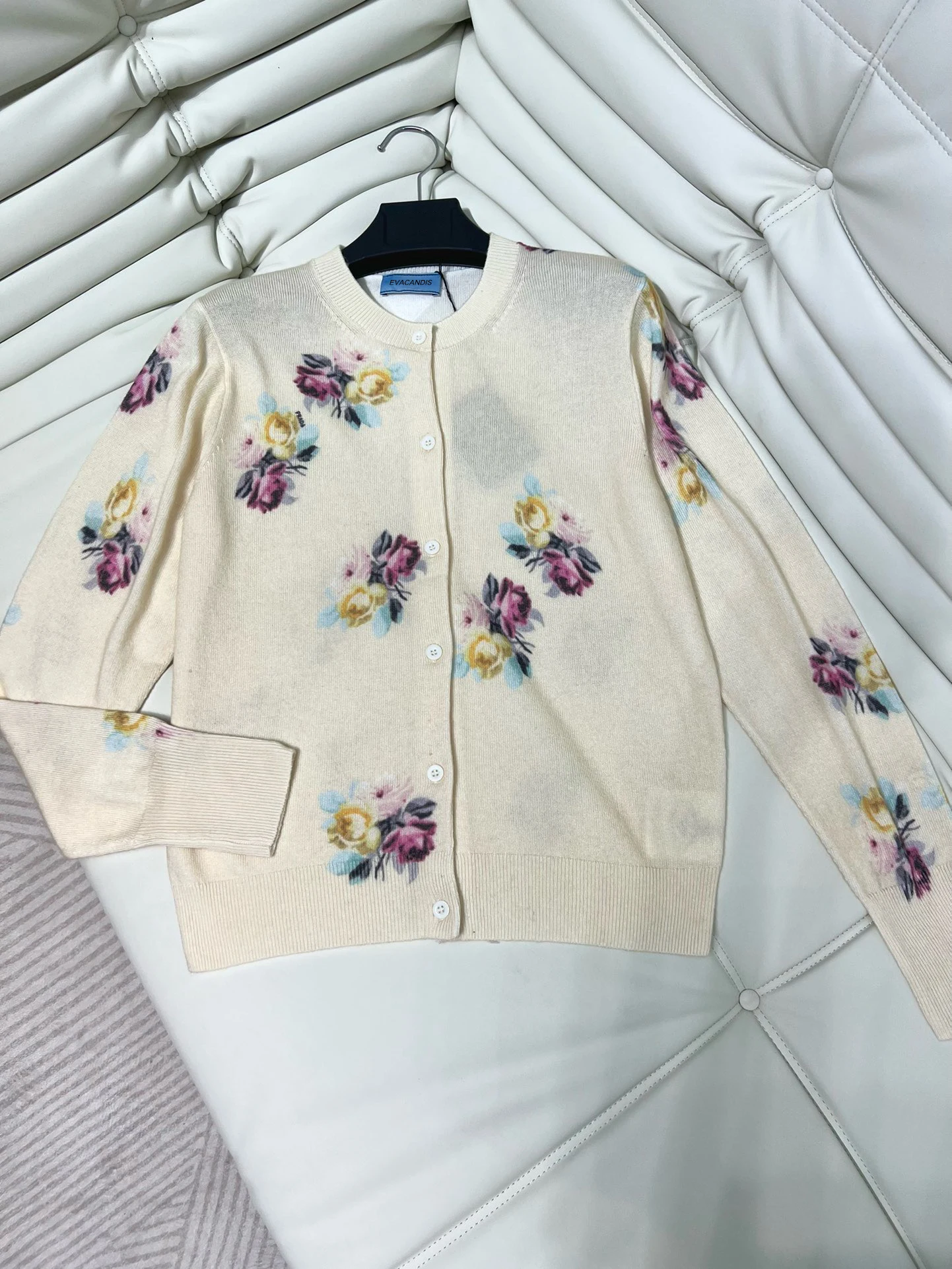 

EVACANDIS Women Long Sleeve Wool Floral Printing High Quality O-Neck Single Breasted Knitted Cardigan Tops Luxury Sweet Chic