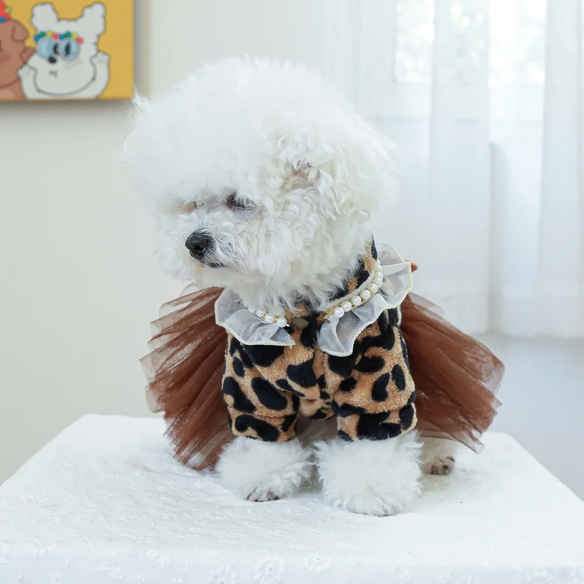 1PC pet clothing autumn and winter velvet leopard print wedding dress princess skirt suitable for small and medium-sized dogs