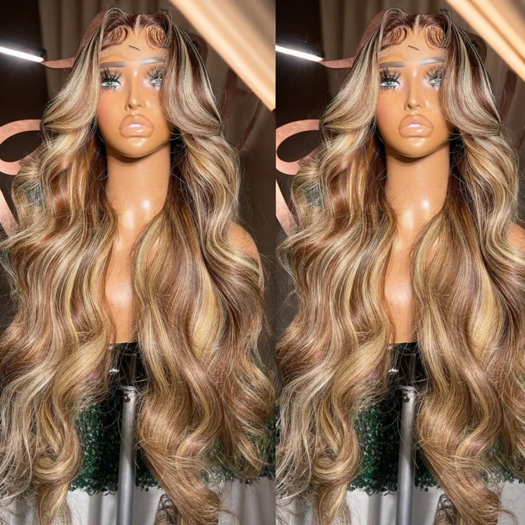 

Highlight Ombre 13x4 HD Body Wave Lace Front Wig Human Hair 30 Inch Honey Blonde Lace Frontal Wigs 4/27 Colored Pre Plucked