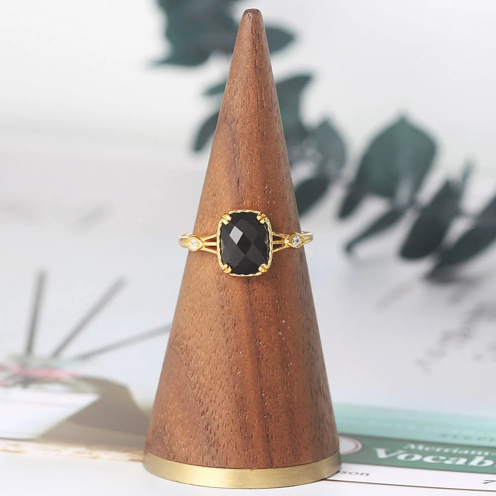 LAMOONแหวนเงิน925สำหรับผู้หญิงสีดำธรรมชาติAgaleแบนตาข่ายพื้นผิว14K Gold Plated Fine Jewlerly LMRI109