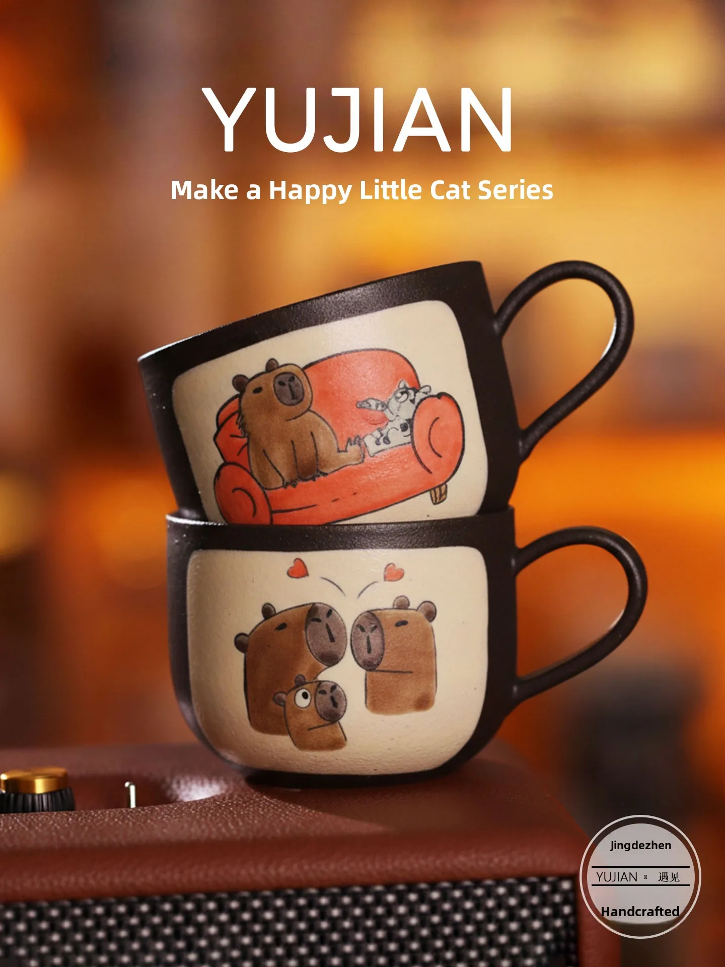 

Handmade Cerc Coffee Cup Gift Unique Guinea Pig Design Jingdezhen Retro Cercs Cup with Handle Couple Set