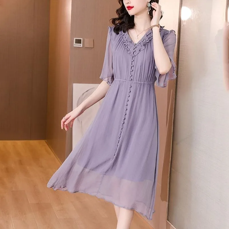 

Новое летнее модное корейское платье с тонкой талией, повседневное, универсальное, темпераментное, плиссированное платье с v-образным вырезом, женское фиолетовое платье, женское элегантное