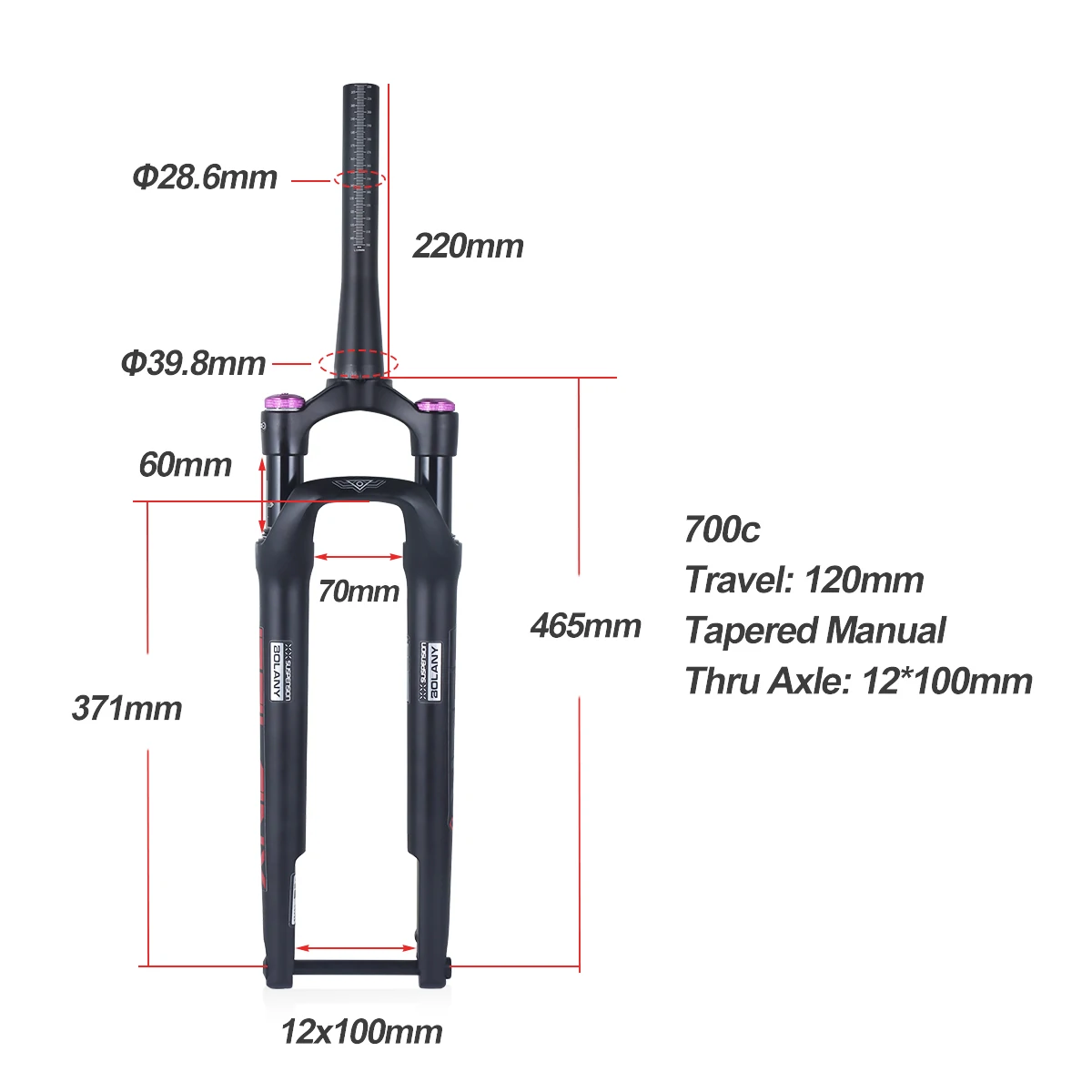 BOLANY Road Bicycle Air Fork 60mm Travel 700C Off-Road Disc Brake Air Suspension Manual Lock 100*12mm Thru Axle Bike Shock