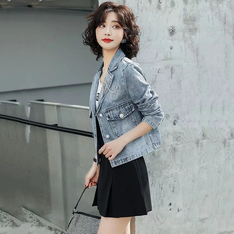 Vintage Denim Vrouwen 2025, Nieuwe Herfst Lente Koreaanse Mode Klepzak Vest Pak Kraag Cowboy Korte Jas Vrouwelijke Tops