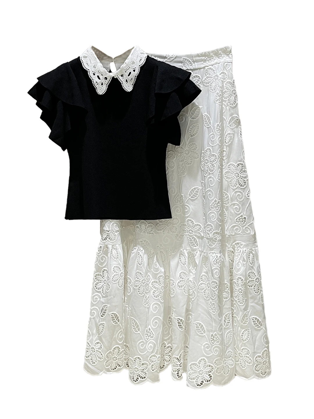 Ele geborduurde casual tweedelige set zomer turn-down kraag gebreide top f-rok polyestervezel ort Sve button S...