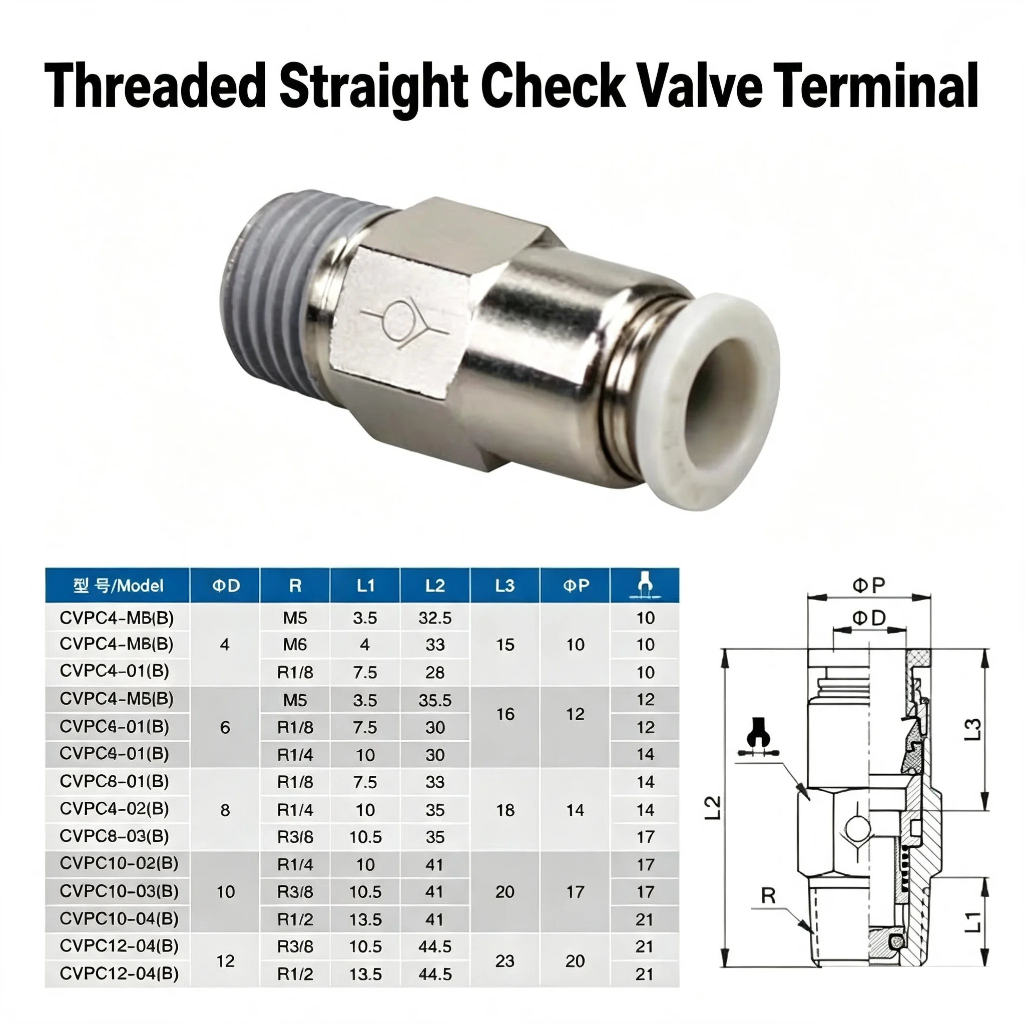 BSP Brass Pneumatic Check Valve One Way Non-return Valve One Touch Qucik Pipe Fitting 4mm 6mm 8mm 10mm M5 1/8