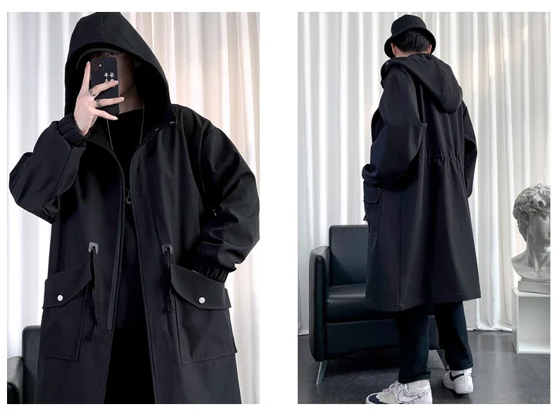 Trenchcoat Herren Neue Mode Armeegrüner Überzieher Männer Casual Windbreaker Einfarbiger Langer Mantel Herren Herbst Homme Schwarz/Khaki/Armeegrün – Detail 6