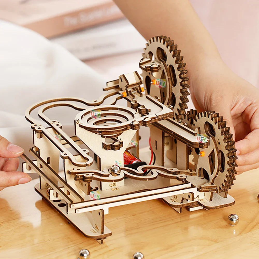 Ury 3D Wooden Puzzles Electric Catapult Track Device Marble Run Set Mechanical Model Science Maze 5 Balls Assembly Gift for Kids