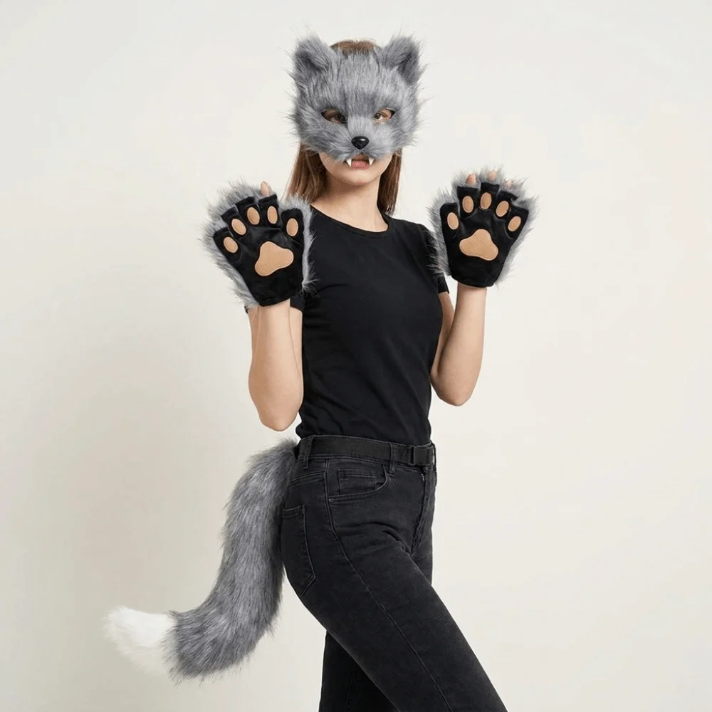 Plush Halloween Cosplay Accessories Mask Claw Halloween Animal Cosplay Props with Buckle Adjustable Animal Cosplay Props