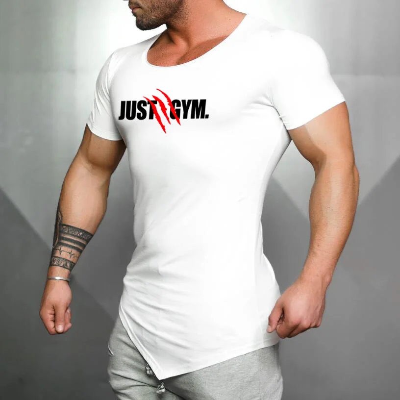 Men Casual Fitness Gym Bodybuilding Sport Running T-Shirt Summer Cotton Breathable Short Sleeve Shirt Fashion Irregular Hem Tops