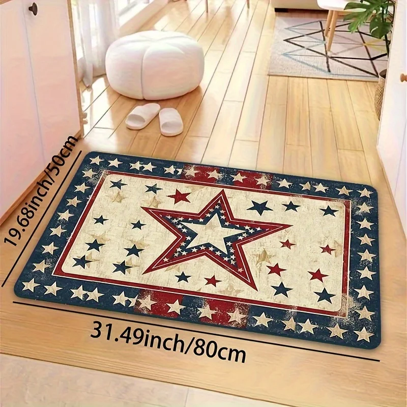 2D Flat Vintage American Stars Patriotic Red White Blue Flannel Doormat Non Slip USA Flag Style Rug For Entryway Kitchen Floor
