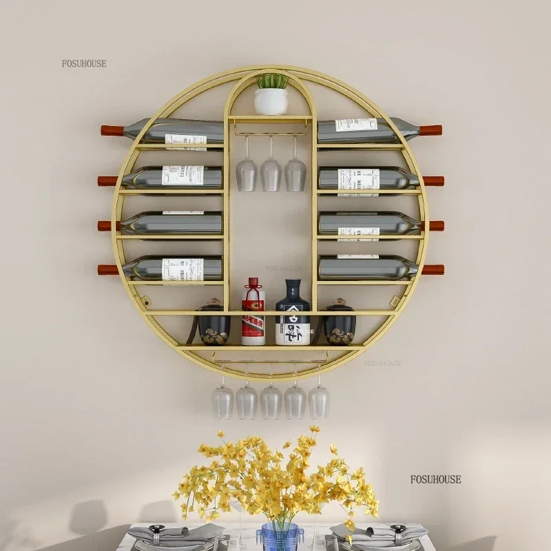 Modern Bar Furniture Nordic Round Wall-mounted Wine Rack Luxury Gold Iron Wine Cabinets Home Storage Rack with Wine Glass Holder