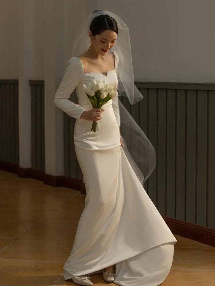 

Элегантное белое атласное свадебное платье с длинными рукавами и легким силуэтом «рыбий хвост» для невест, с застежкой-молнией на талии, для мероприятий в помещении и отелях