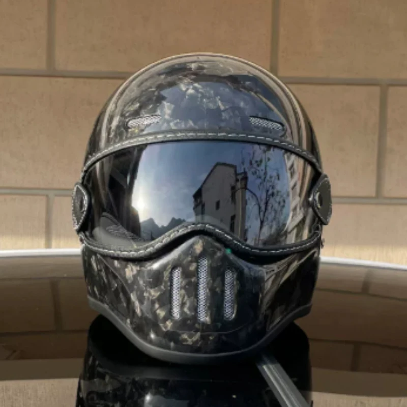 Unisex Retro Motorrad Vollgesichtshelm, Hochfester Geschmiedeter Kohlefaser-Schalenhelm Ausgestattet mit Klarem Visier