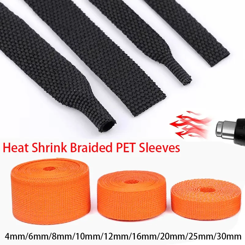 1 Meter 2: 1 Heat Shrink Braided PET Sleeves 4-30mm Insulation PET Auto Line Organizer Sheath Protection Black Orange Wire Wrap