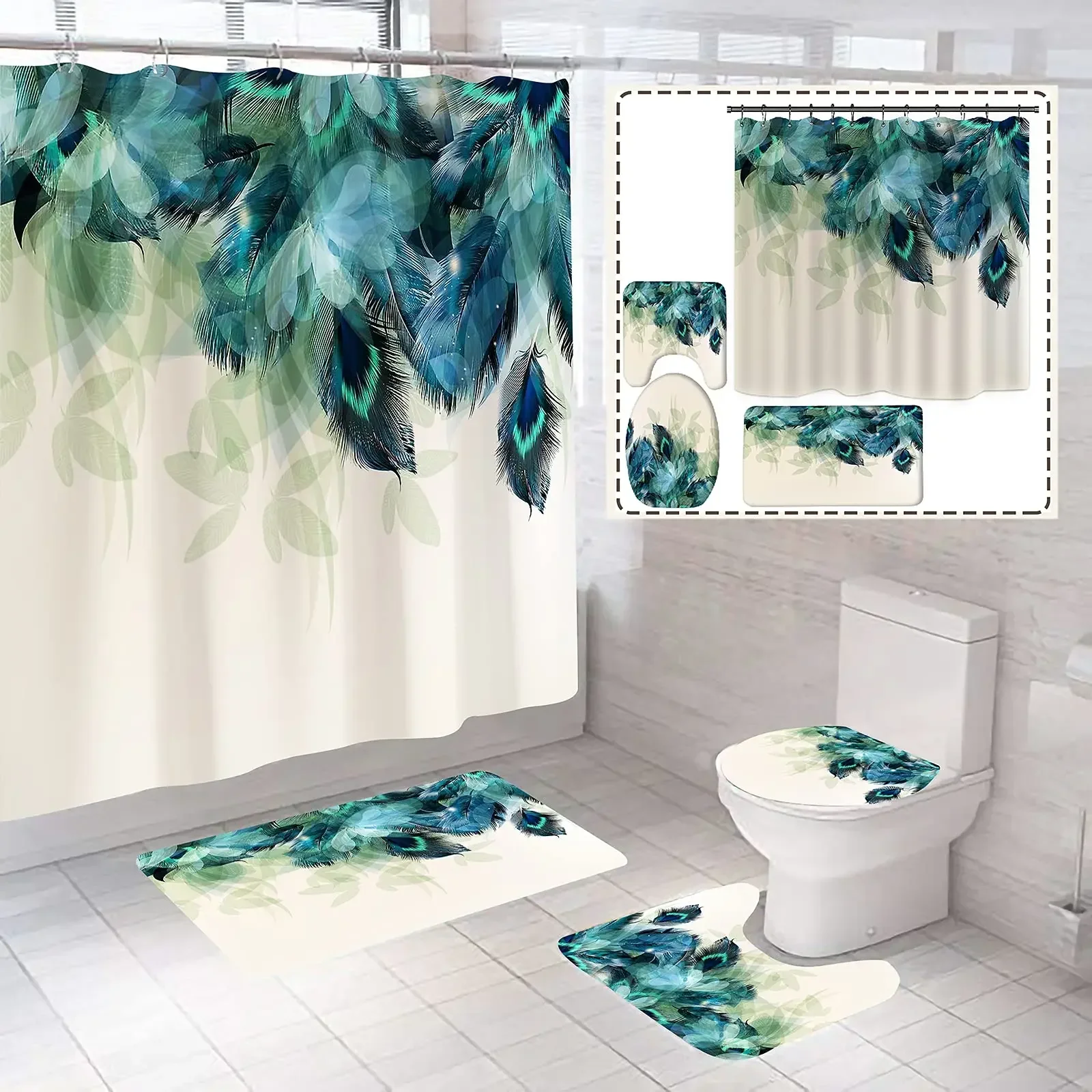 Watercolor Peacock Feather Shower Curtain Set with Rugs Toilet Lid Cover Carpet Bath Mat Bathroom  Curtains  Home Decor