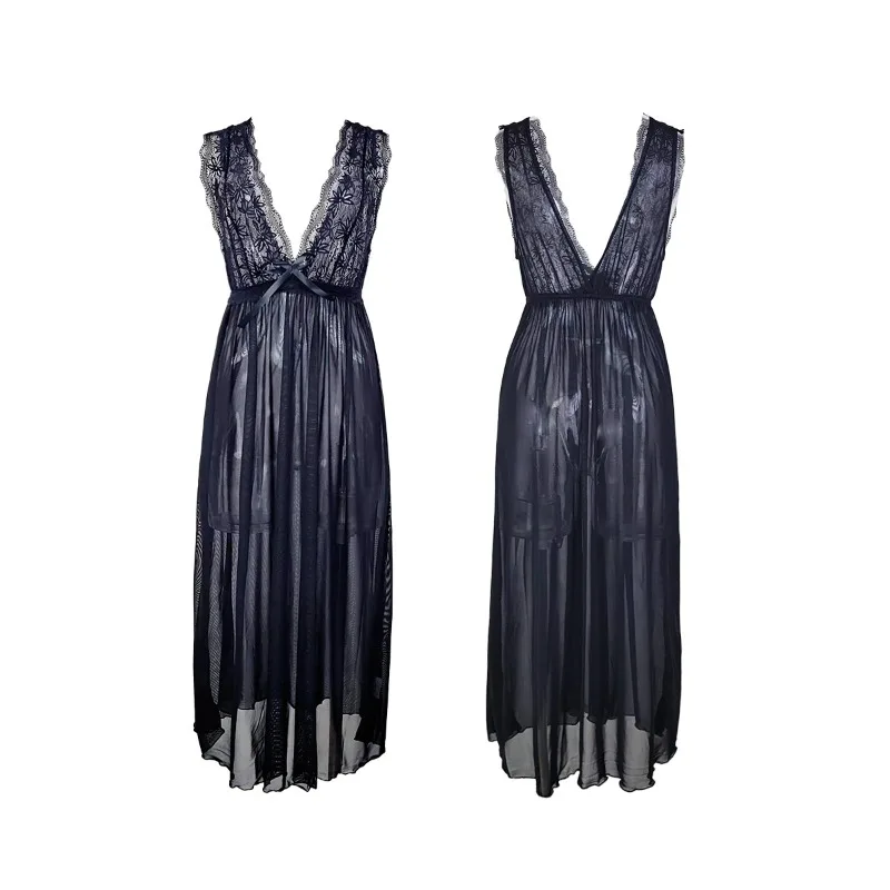 

Sexy Deep V Long Nightdress Lace Bowknot Perspective Underwear Chiffon Mesh Nightdress Elegant Women Pajama ночнушка женская